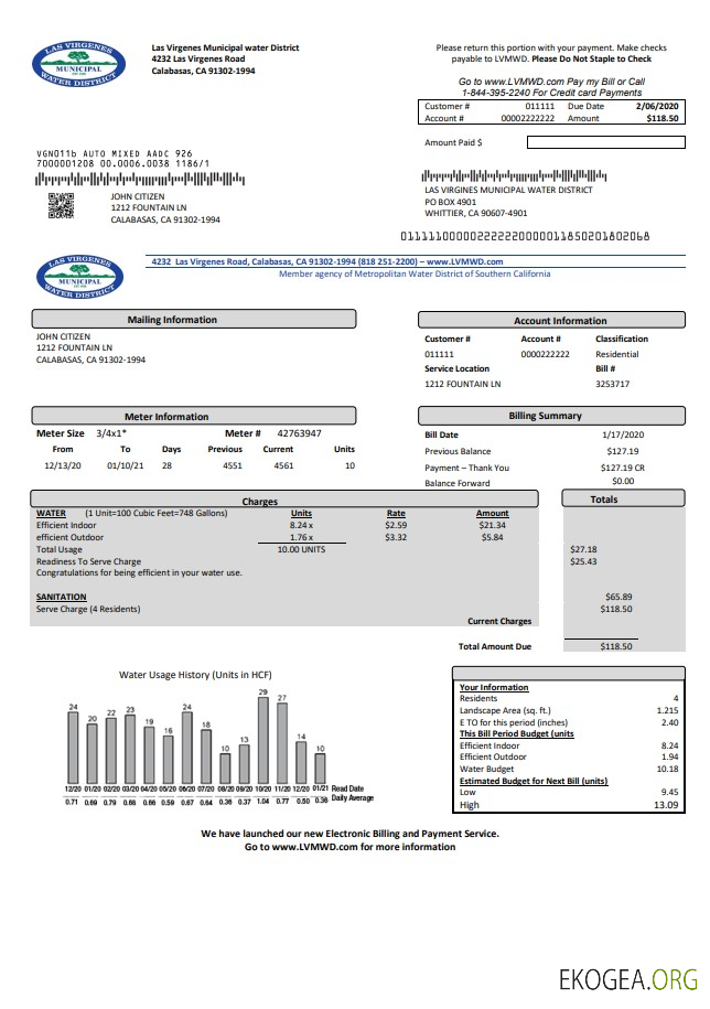 USA California Las Virgenes Municipal Water District utility bill template in Word and PDF format